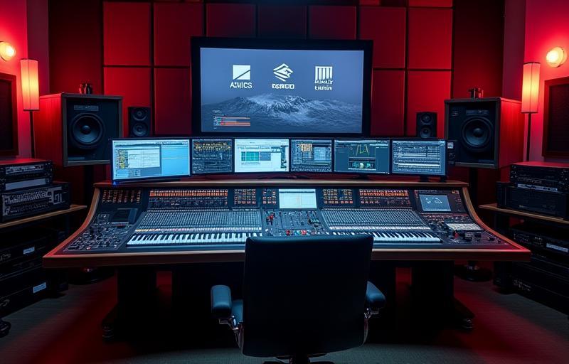 Modern audio-visual control room with mixing desk and monitors