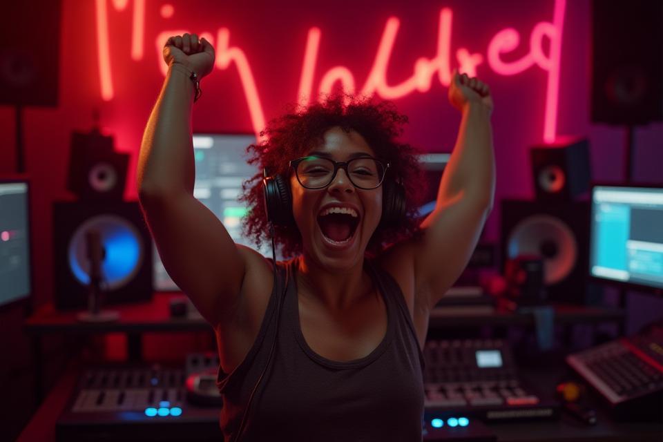 Person celebrating winning professional audio-visual equipment, surrounded by studio gear