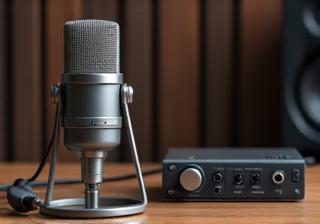 Professional condenser microphone and audio interface on a desk setup